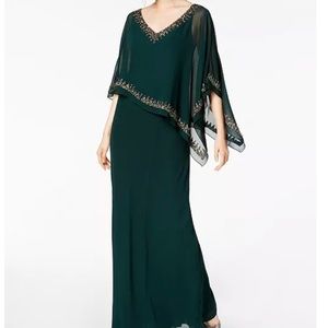 NWT J Cara - Formal Beaded Chiffon Cape Gown Dress (Hunter Green)
